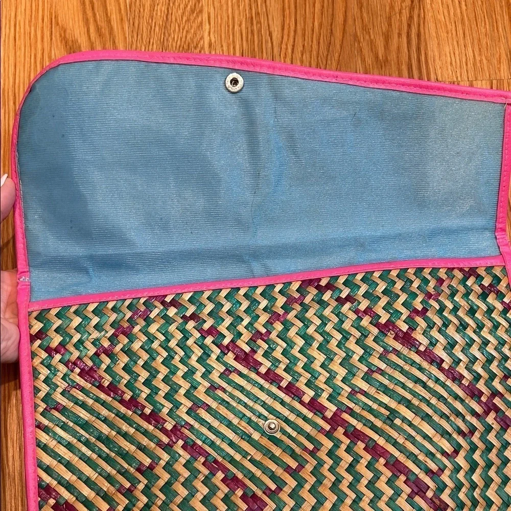 vintage mayan Woven wicker Clutch and Wallet Set Pink Trim purple green bundle